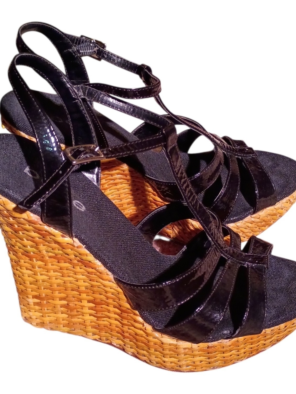 bebe Black Patent Strappy Wedge Sandals with Woven Platform